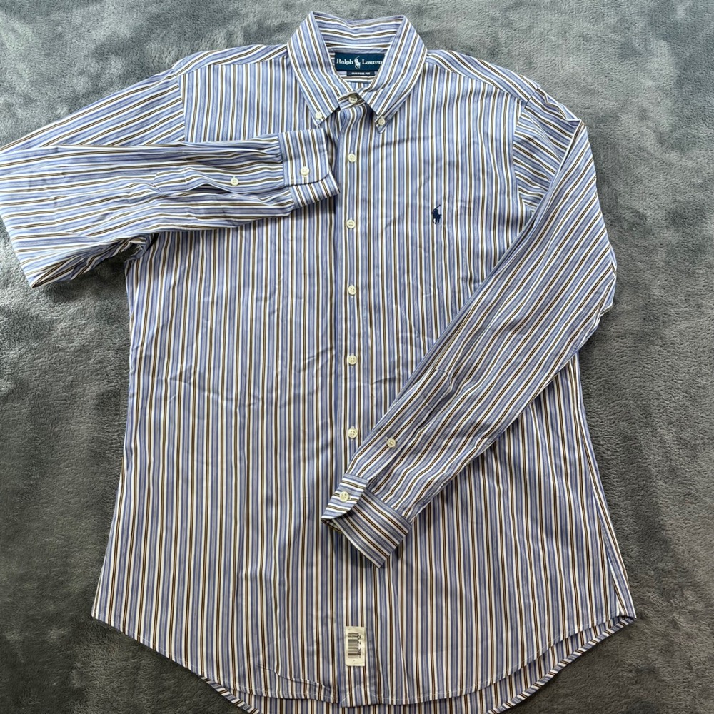 Ralph Lauren Mens Custom Fit Striped Button Down Shirt Blue Yellow White Size M